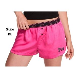 VS PINK Carmine Rose Pink Black Bling Logo Silky Sleep Boxy Pajama Shorts XL NEW